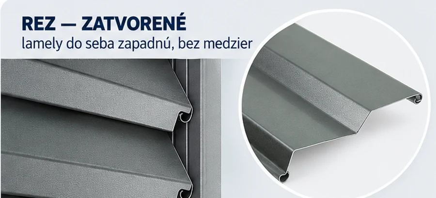 Rez vonkajšou žalúziou s lamelou Z v zatvorenom stave — lamely do seba zapadnú bez medzier, vedľa detail profilu s háčikom